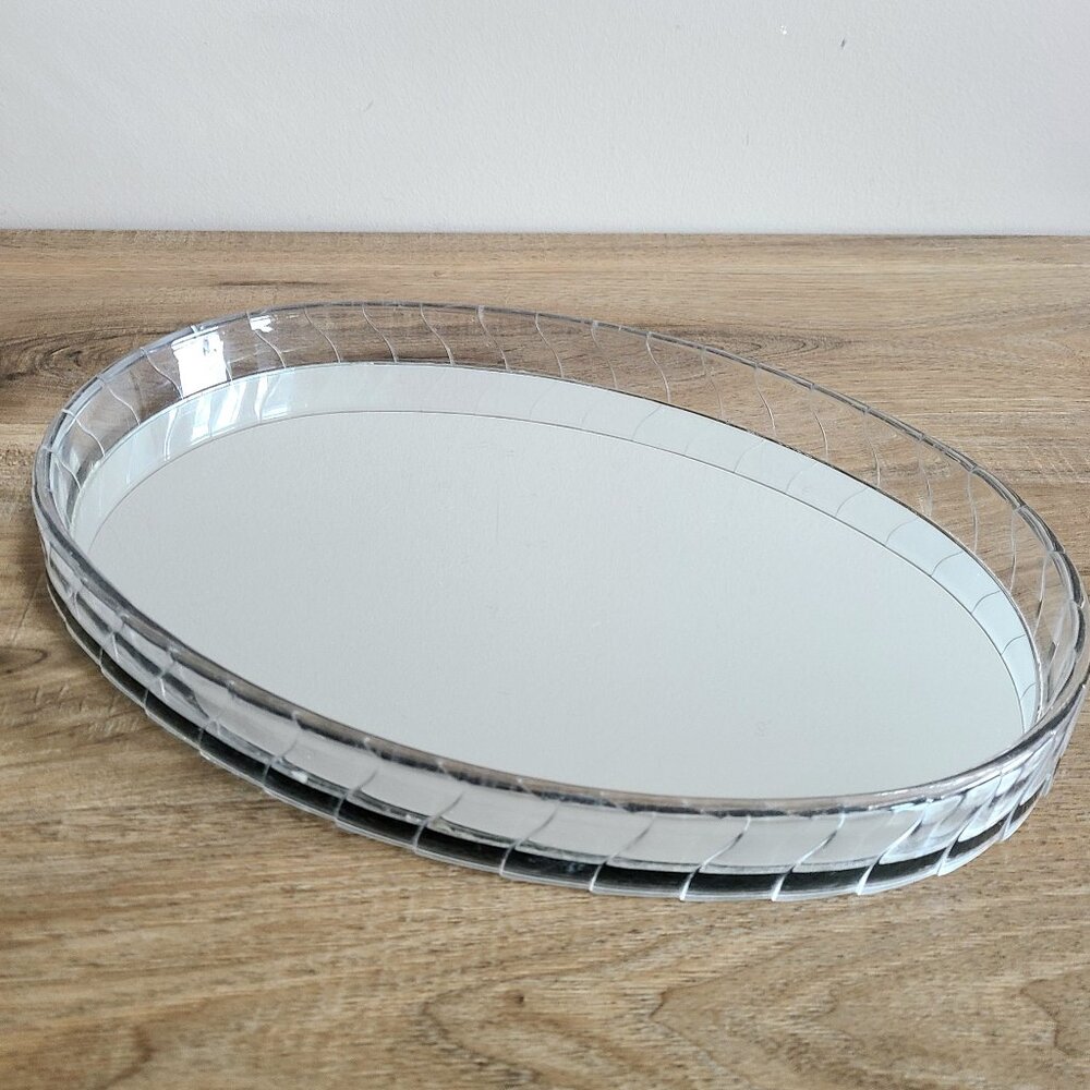 Vintage vanity Lucite Acrylic mirrored oval Tray.